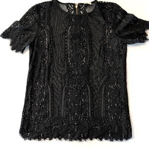 Daniel Cremieux Black Floral Lace Top Small Sheer Short Sleeve Gold Zip Romantic
